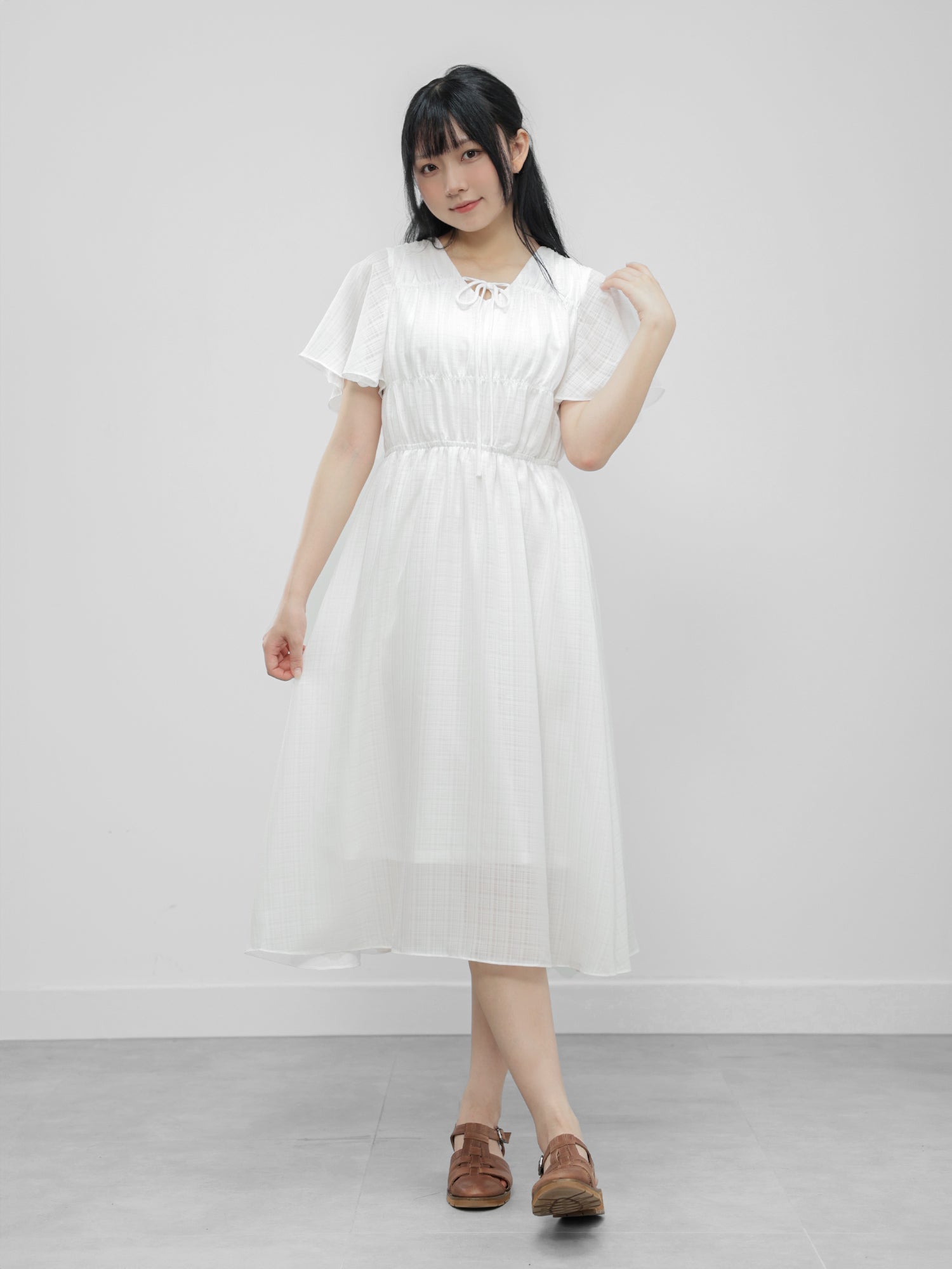 Tie Neck Shirring Dress