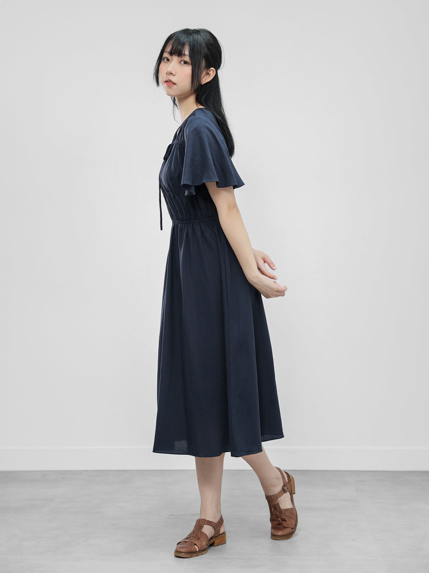 Tie Neck Shirring Dress