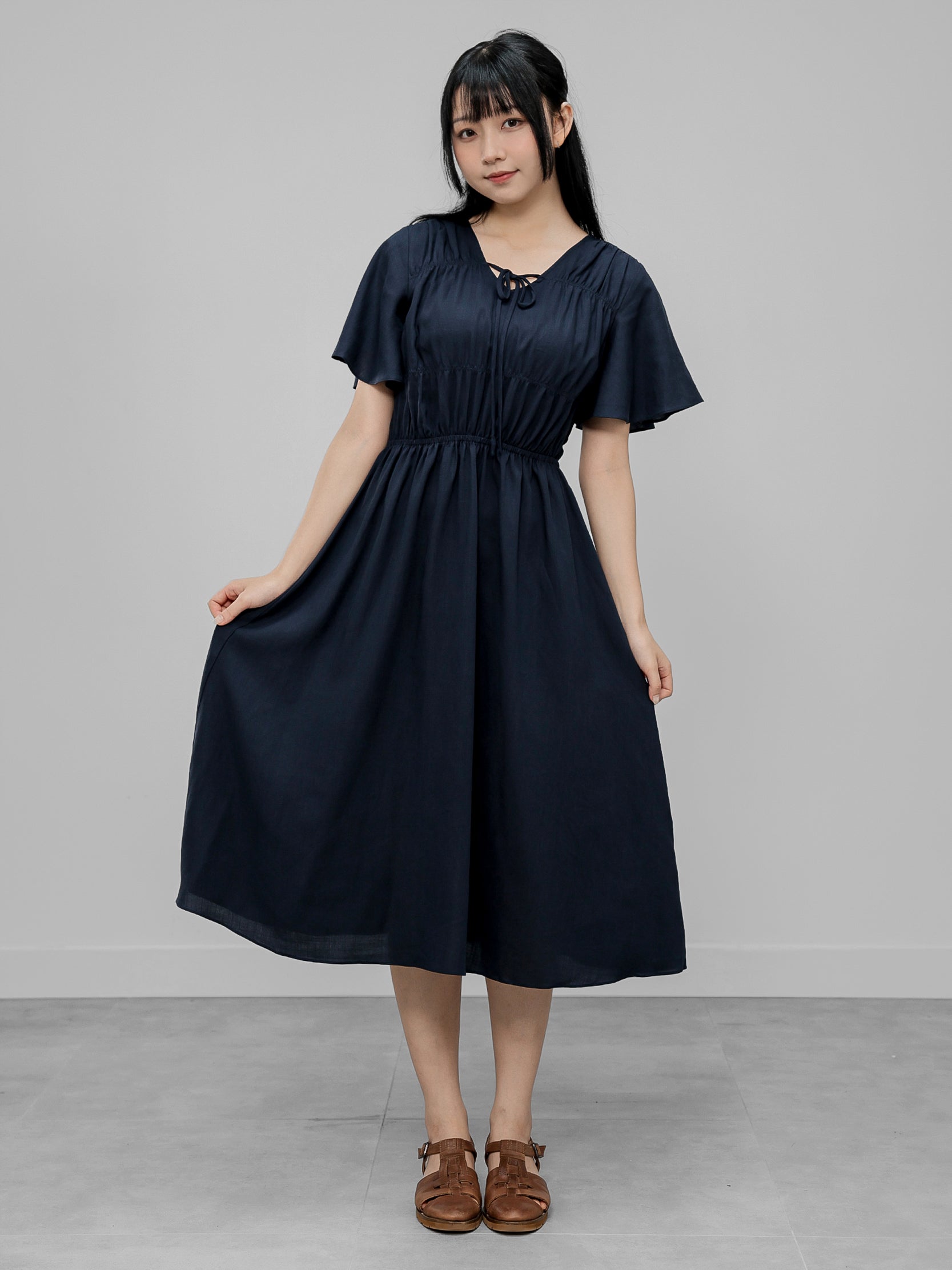 Tie Neck Shirring Dress