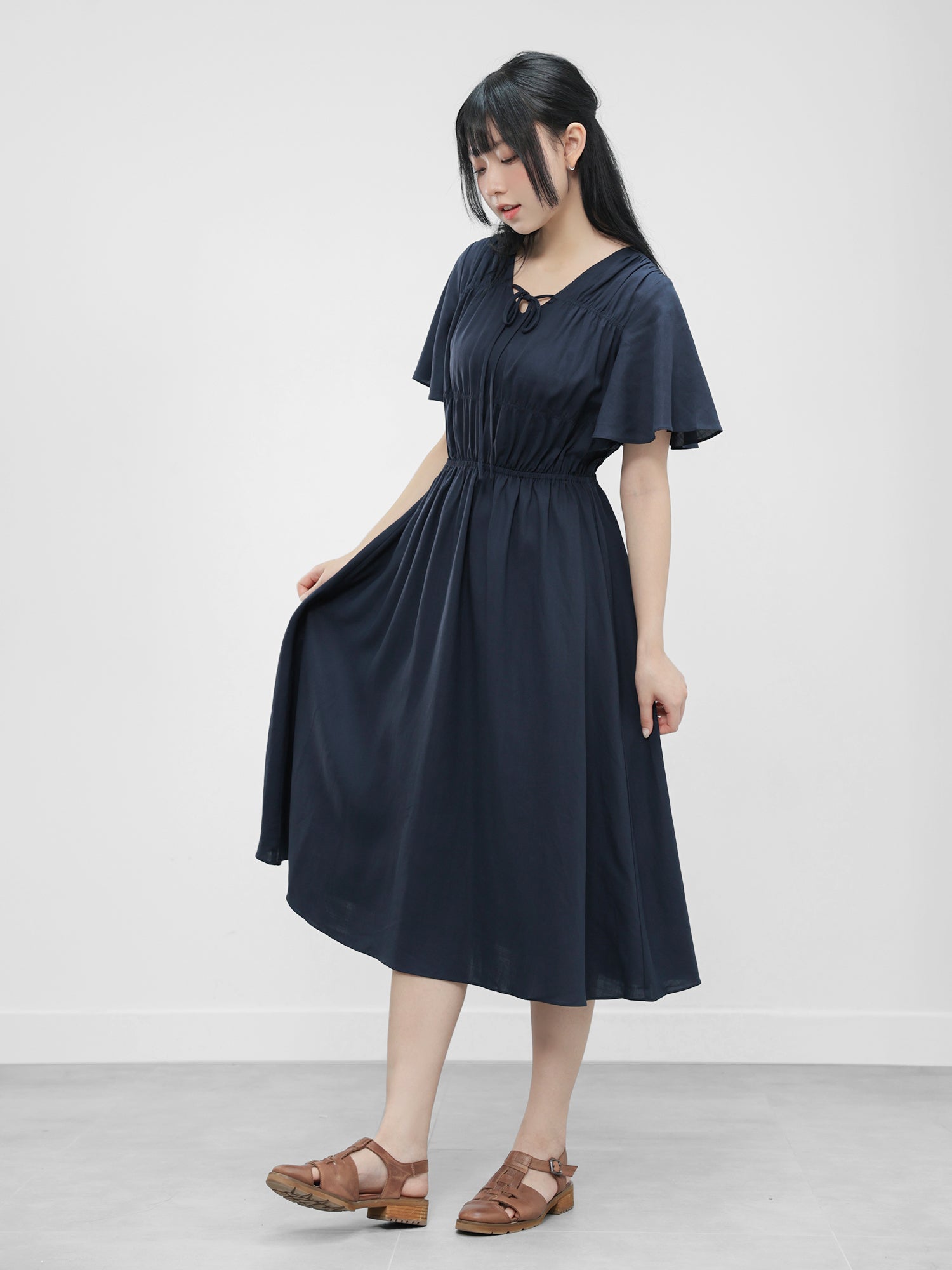 Tie Neck Shirring Dress